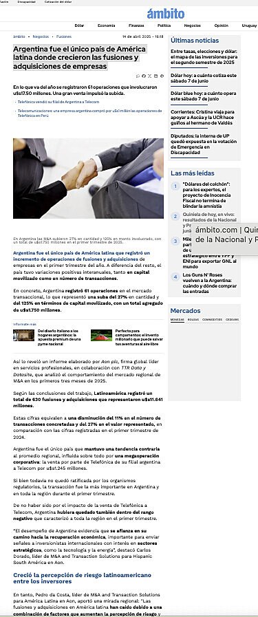 Argentina fue el nico pas de Amrica latina donde crecieron las fusiones y adquisiciones de empresas